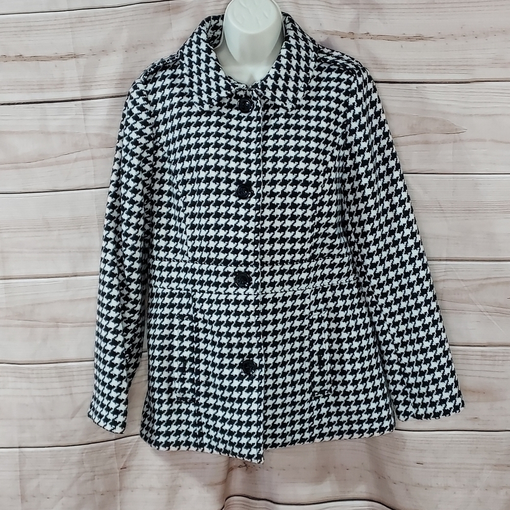 Relativity houndstooth coat wool button up black white cream M